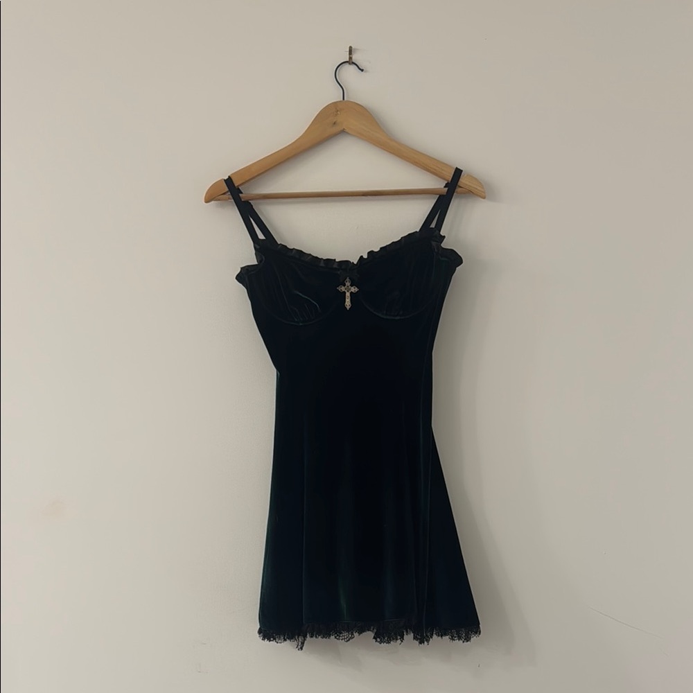 Dolls Kill Black Velvet Dress with Ruffle Trim